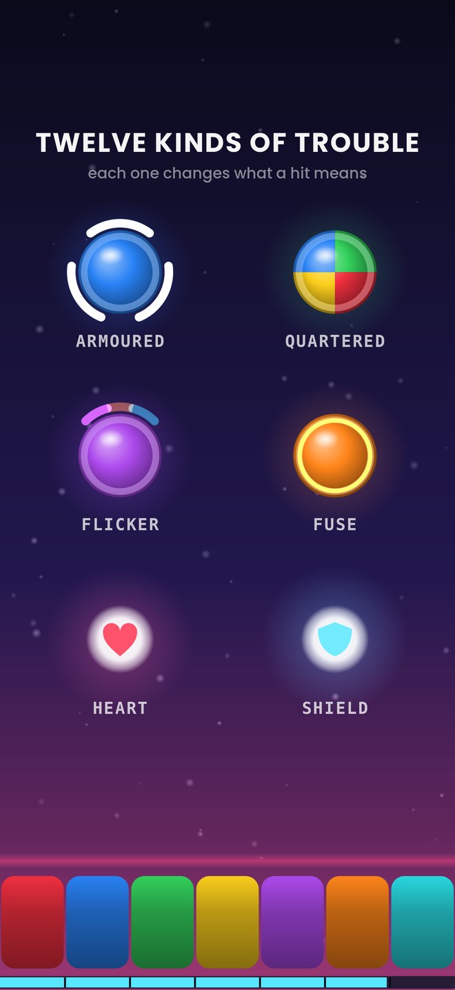 Six of the twelve orb types: armoured, quartered, flicker, fuse, heart and shield.