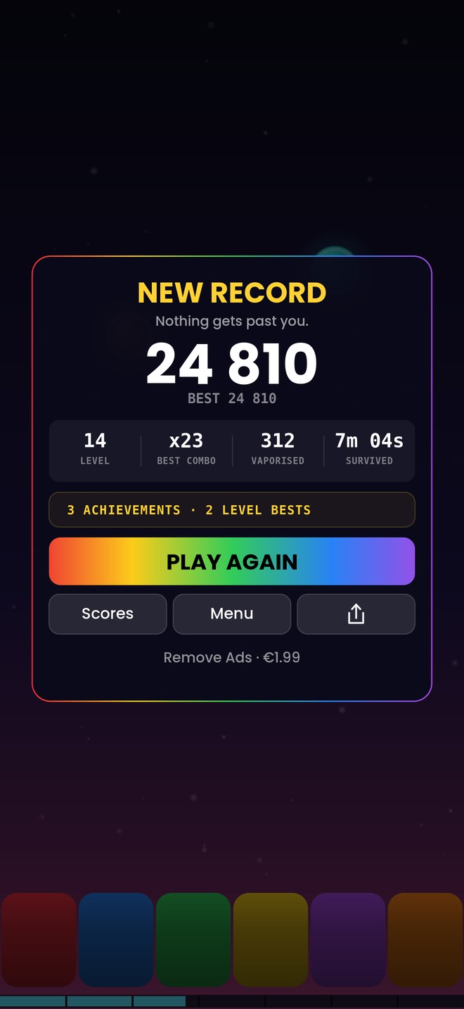 The end-of-run card showing a new record of 24 810 points, level 14 and a best combo of 23.