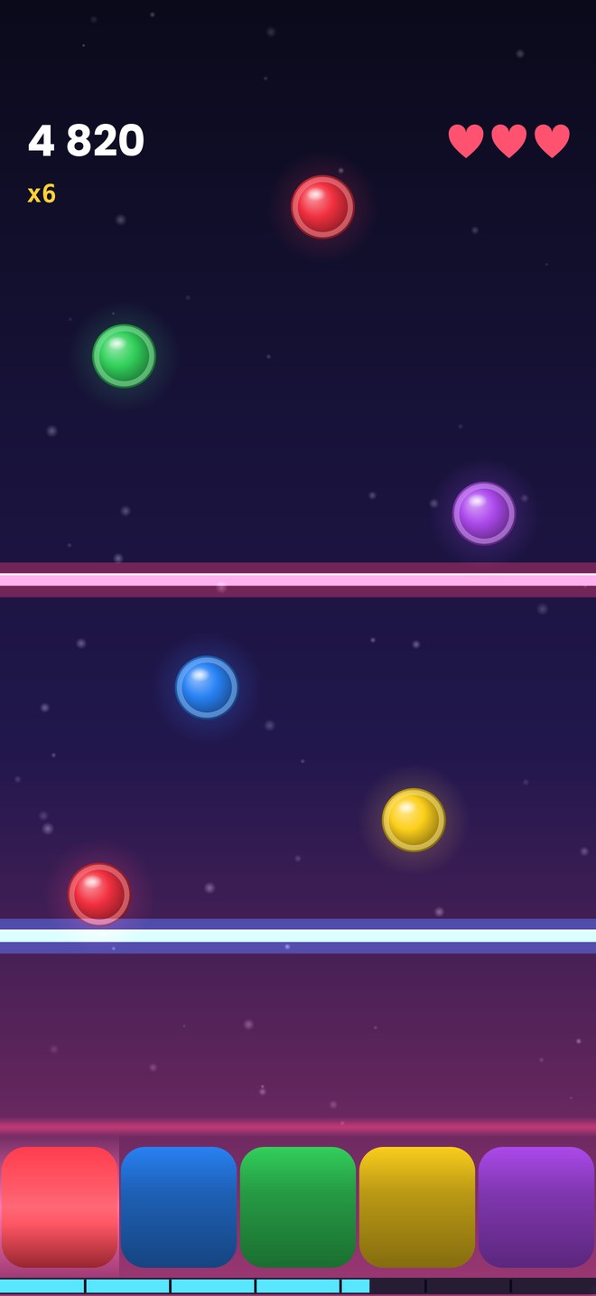 Coloured orbs falling toward a rainbow cannon, with two laser waves crossing the screen and a six-hit combo.