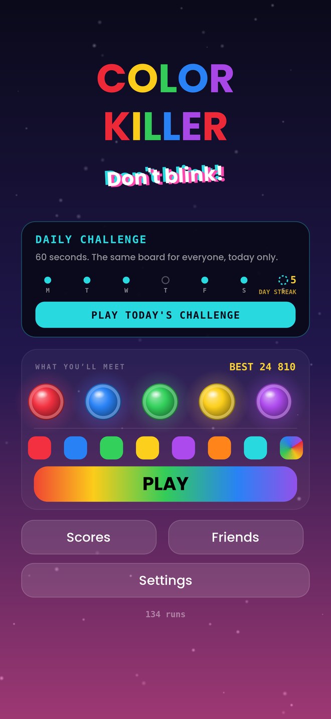 The main menu with the Color Killer wordmark, the daily challenge card and the play button.